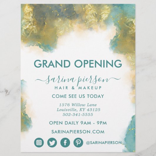 Groenblauw En Goud Moderne Kunst Vloeibare Inkt Za Flyer (Voorkant)