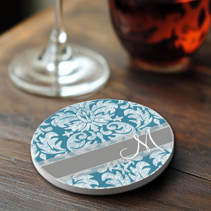Groenblauw en witte schoolbord damast patroon zandsteen onderzetter