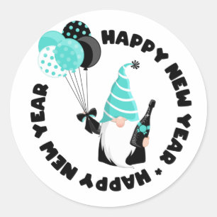 Groenblauw en Zwarte Gnome Gelukkig Nieuwjaar Ronde Sticker