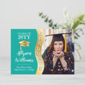 Groenblauw | Gold Afstuderen Wave Afstudeerder Pet Aankondiging (Staand voorkant)