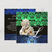 GROENBLAUW, ZWARTE, WITTE DAMASKJEWEL MONOGRAM KAART (Voorkant / Achterkant)