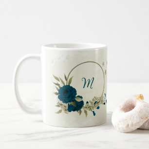 groenblauwe beige bloemmotief koffiemok