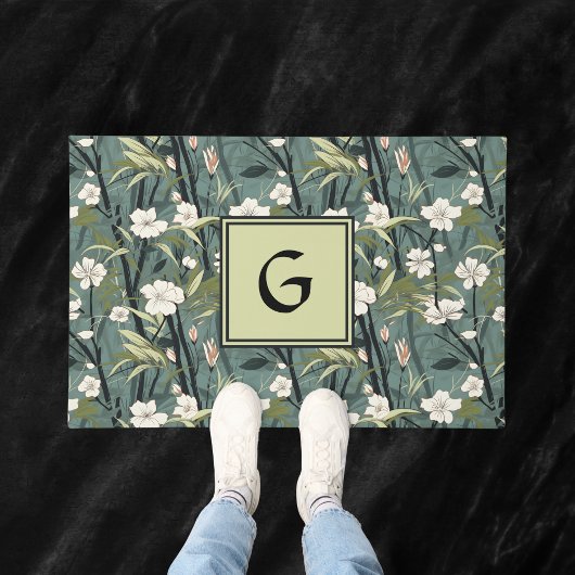 Groenblauwe Chinoiserie Bloem Initialen Wit Deurmat