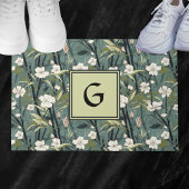 Groenblauwe Chinoiserie Bloem Initialen Wit Deurmat