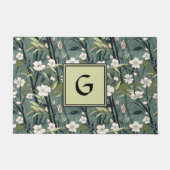 Groenblauwe Chinoiserie Bloem Initialen Wit Deurmat (Voorkant)