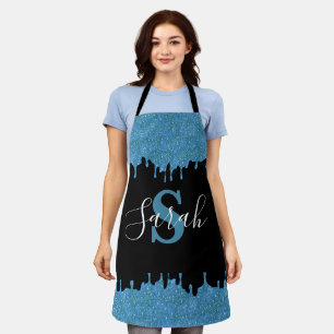 Groenblauwe en zwarte monogram glinsterende druppe schort