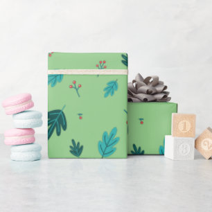 Groenblijvende Boombladeren & Rode Hulstbessen Cadeaupapier