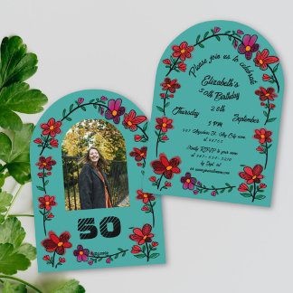 Groene 50ste Verjaardagsfeestje Whimsical Doodle B Kaart