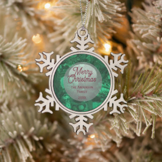 Groene Abstracte Familie Prettig Kerstfeest Edelst Tin Sneeuwvlok Ornament