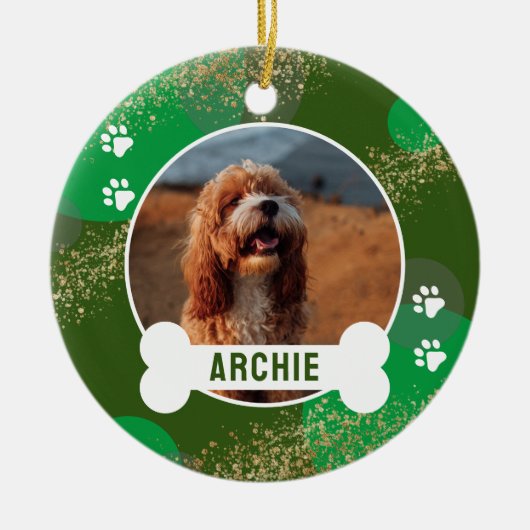 Groene Abstracte Paw Print Pet Photo Keramisch Ornament (Voorkant)