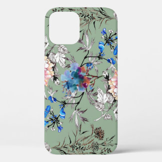 Groene achtergrond Bloemen Waterverf Patroon. iPhone 12 Hoesje