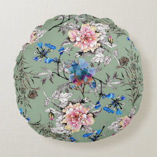Groene achtergrond Bloemen Waterverf Patroon. Rond Kussen