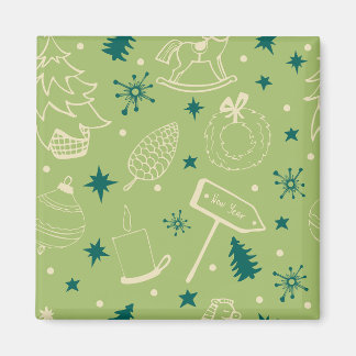 Groene achtergrond met kerstbomen, tekens, ster magneet