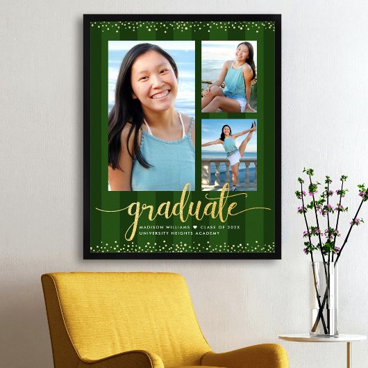 Groene afstudeerling 3 foto strepen goud glittersc poster