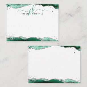 Groene Agaat Geode Script Monogram Zilveren Glitte Notitiekaartje