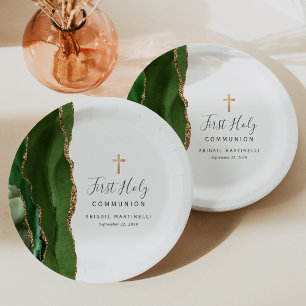 Groene agaat gouden glitters Eerste Heilige Commun Papieren Bordje