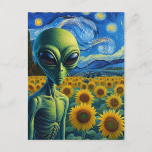 Groene Alien in een Faux Van Gogh Zonnebloemveld Briefkaart