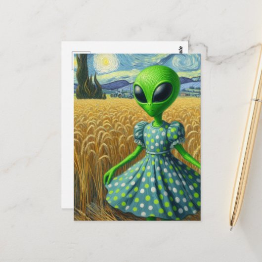 Groene Alien in een tarweveld Briefkaart (Voorkant / Achterkant in situ)