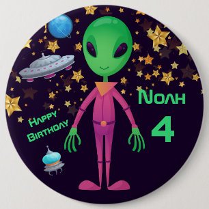 Groene Alien UFO toevoegen Naam Birthday Button