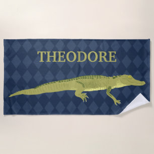 Groene alligator, marineblauw achtergrond geperson strandlaken