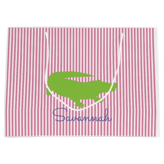 Groene Alligator Roze Streep NAAM Preppy Kleurrijk Groot Cadeauzakje (Voorkant)