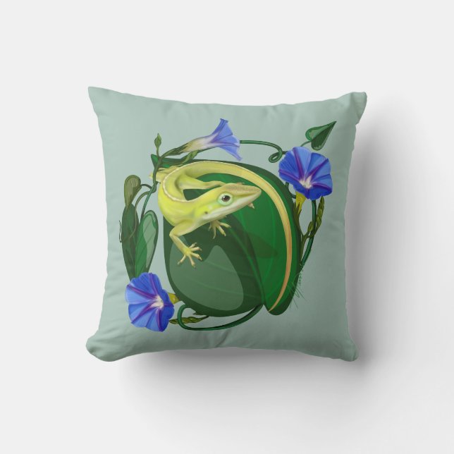 Groene anolis met dagbloem kussen (Voorkant)