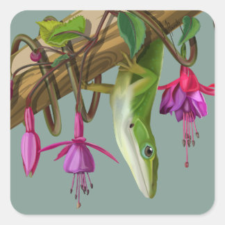 Groene anolis met Fuchsia's Vierkante Sticker
