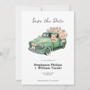 Groene antieke huwelijks pick-up truck met bloemen save the date