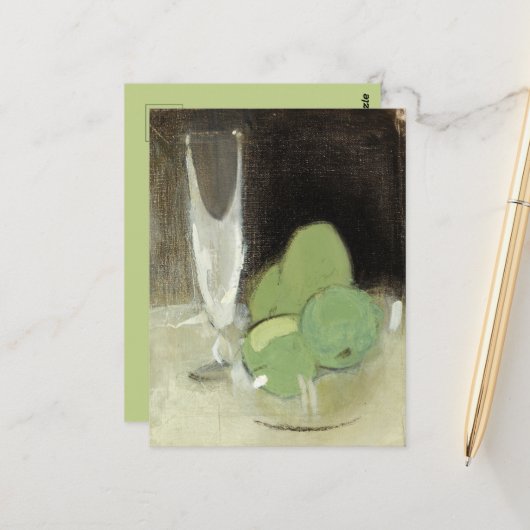 Groene appelen en champagne Glass, H.Schjerfbeck Briefkaart (Voorkant / Achterkant in situ)