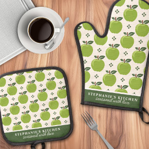 Groene Appelpatroon Persoonlijke Naam Ovenwant & Pannenlap Set