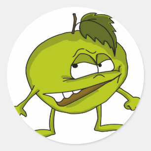 Groene appeltekenfilm met een boosaardige glimlach ronde sticker