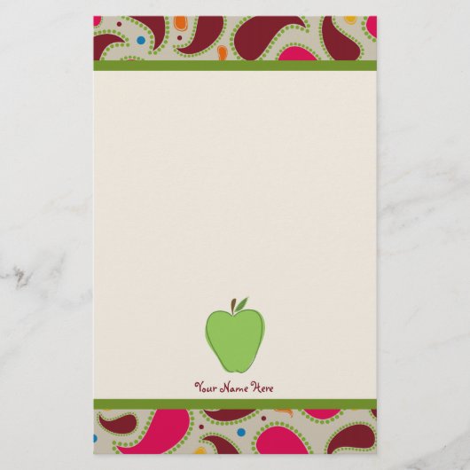 Groene Apple & Paisley Personalized Teacher Briefpapier (Voorkant)