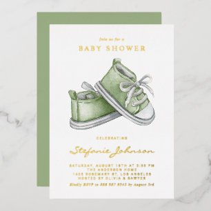 Groene Aquarel Babyschoenen Het is een Jongen Baby Folie Uitnodiging
