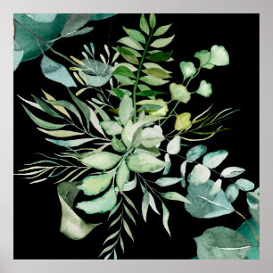 Groene Aquarel Botanische Bladeren en Bloemen Poster