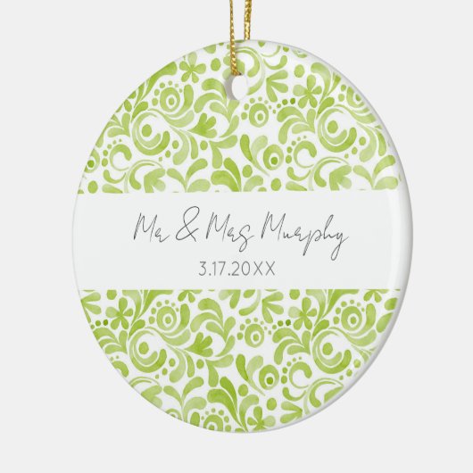 Groene Aquarel Kunst Trouw NAME DATUM Aandenken Keramisch Ornament (Links)