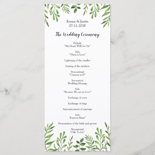 Groene Aquarel Moderne Botanische Trouw Rackcard Programma (Achterkant)