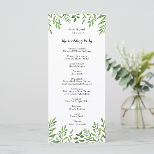 Groene Aquarel Moderne Botanische Trouw Rackcard Programma (Staand voorkant)