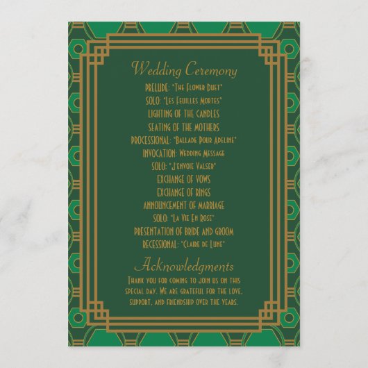 Groene Art Deco Trouwprogramma's Programma (Achterkant)