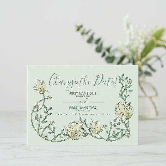 groene art nouveau bloemen veranderen de datum save the date (Staand voorkant)
