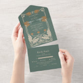 Groene Art Nouveau bruiloft All In One Uitnodiging (Afscheurbaar)