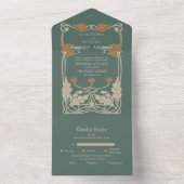 Groene Art Nouveau bruiloft All In One Uitnodiging (Binnen)