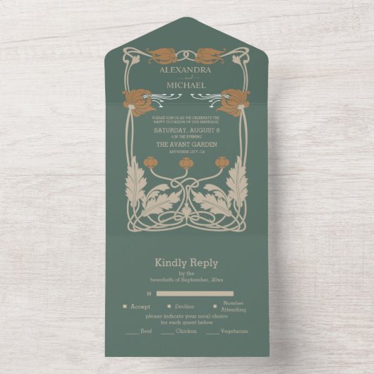 Groene Art Nouveau bruiloft All In One Uitnodiging (Binnen)