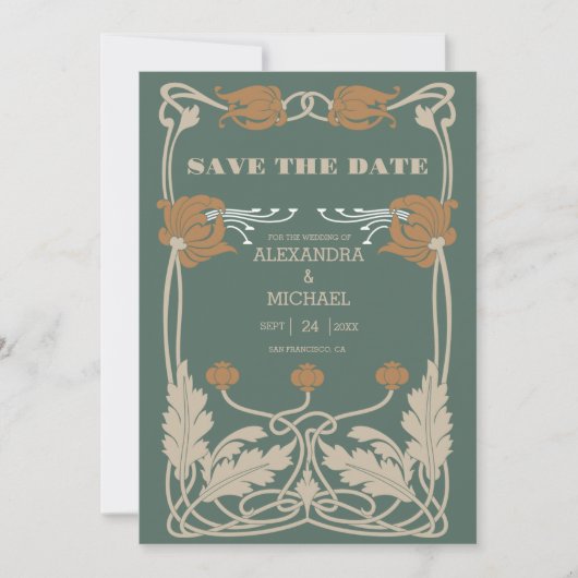 Groene Art Nouveau bruiloft Save The Date (Voorkant)