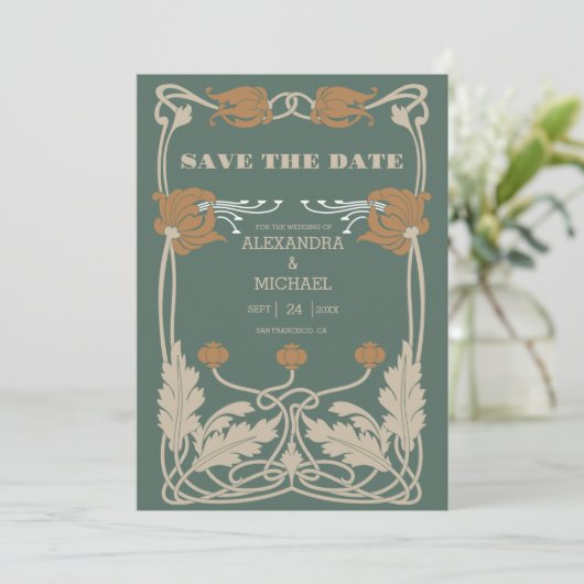 Groene Art Nouveau bruiloft Save The Date (Staand voorkant)