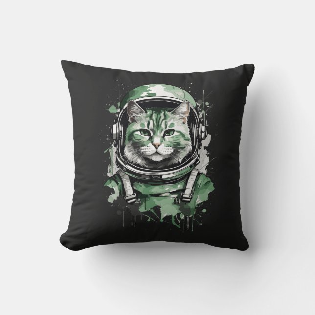 Groene Astronaut Kat Splash Kussen (Voorkant)