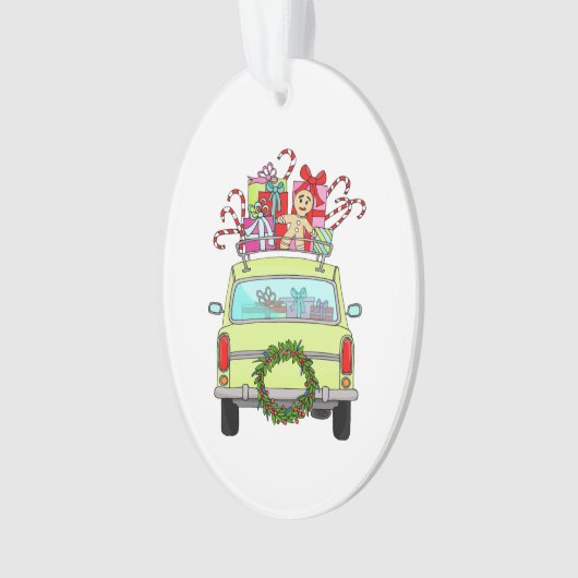Groene auto met kerstcadeaus ornament (voorkant)