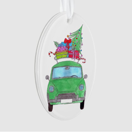 Groene auto met kerstcadeautjes Waterverf Ornament (voorkant)