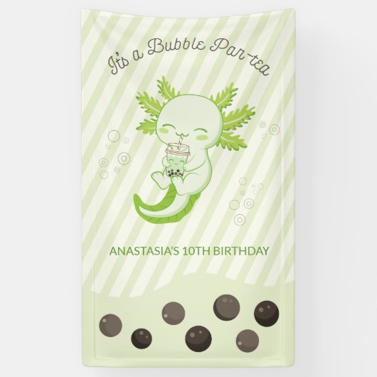 Groene Axolotl Bubble Boba Tea Verjaardagsfeest Spandoek (Verticaal)