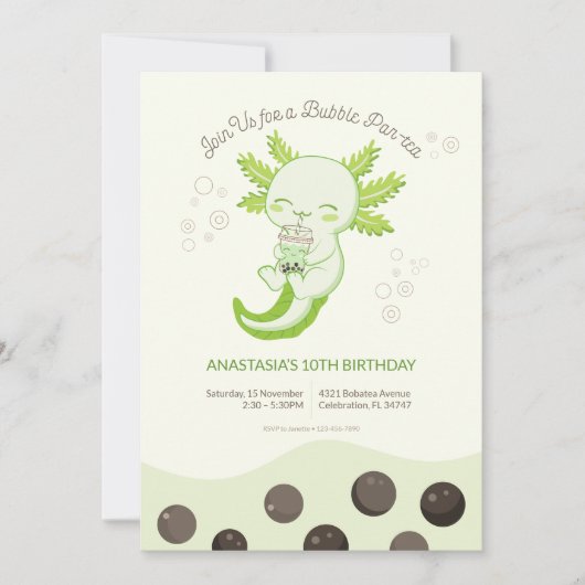 Groene Axolotl Bubble Boba Thee Kinderverjaardag Kaart (Voorkant)