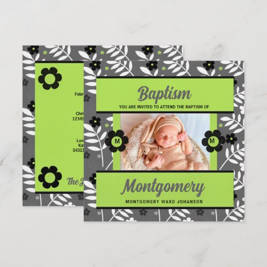 Groene Baby Baptisme met monogram en foto Kaart (Voorkant / Achterkant)